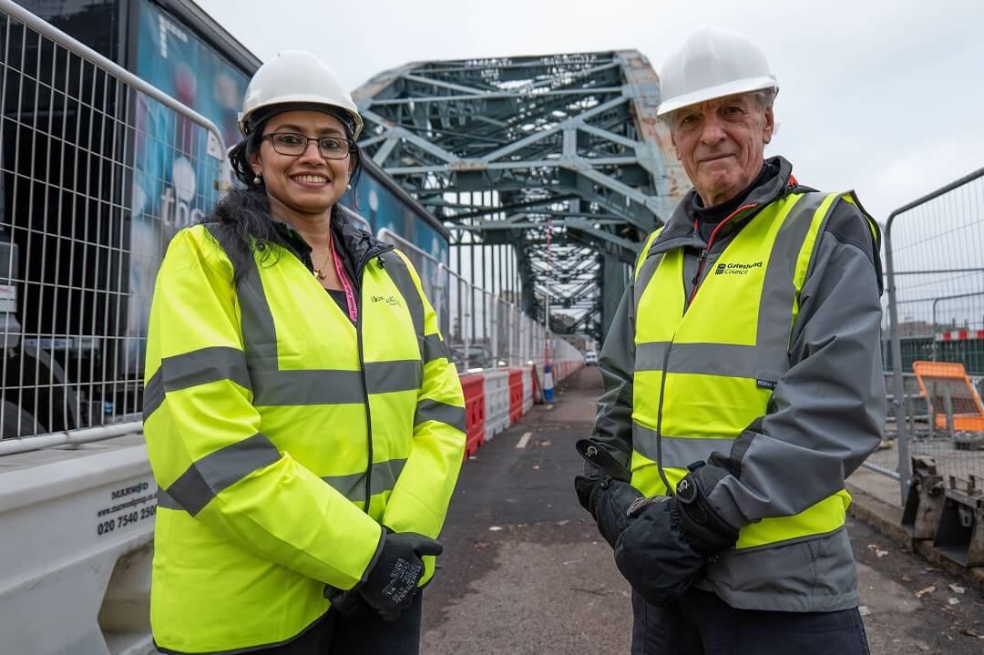 Cllrs Sathian and McElroy in front of Tyne Bridge